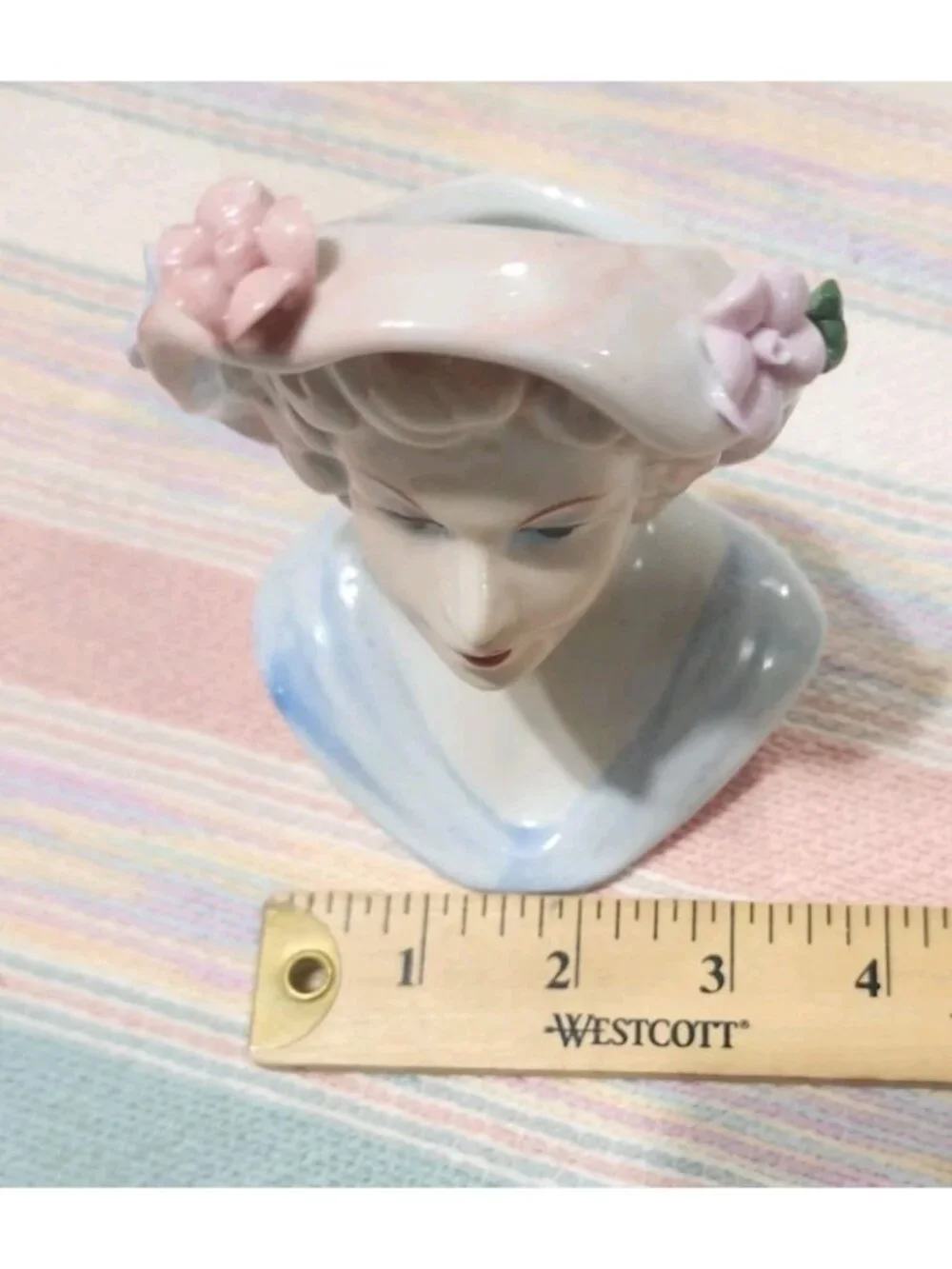 Vintage Porcelain Lady Head Vase Pink Hat Blue Dress Flowers 5” Tall